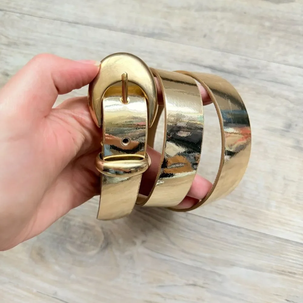 Vintage Gold Leather Belt Made in USA ML Statement Oval Buckle Minimalist